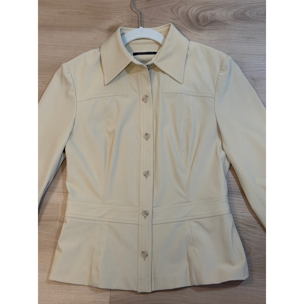 Elie Tahari Button Down Shirt Beige 6 Women Fitted Lycra Stretch Workwear - Picture 12 of 14
